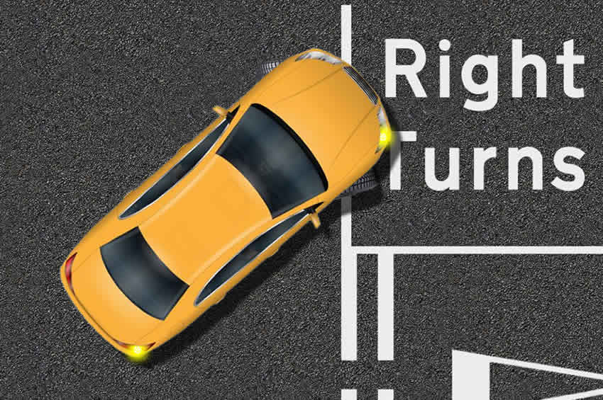 Learner driver tutorial for making a right turn in an automatic car